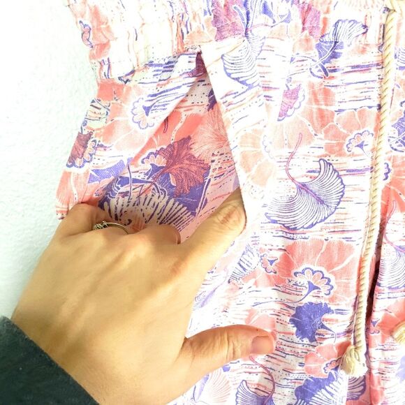 Women's Roxy Flax Linen Pink and Purple  Drawstring Relaxed Raw Hem Pants Sz LRG - Picture 3 of 14